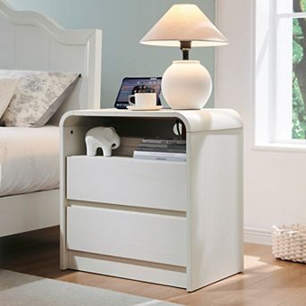 Modern Nightstand with Charging Station, 25" Table w/ Open Shelf & 2 Drawers for Bedroom Living Room