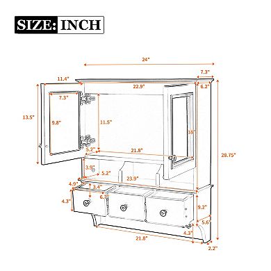 Lufeiya Wall Mounted Medicine Cabinet with Mirror, 3 Drawers and Hooks