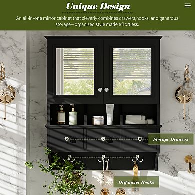 Lufeiya Wall Mounted Medicine Cabinet with Mirror, 3 Drawers and Hooks