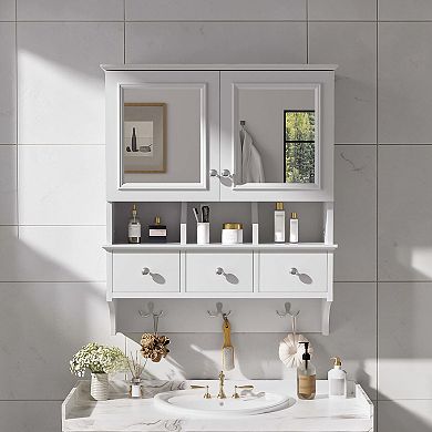 Lufeiya Wall Mounted Medicine Cabinet with Mirror, 3 Drawers and Hooks
