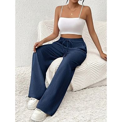 Women Wide Leg Pants Drawstring High Waist Trousers with Pockets