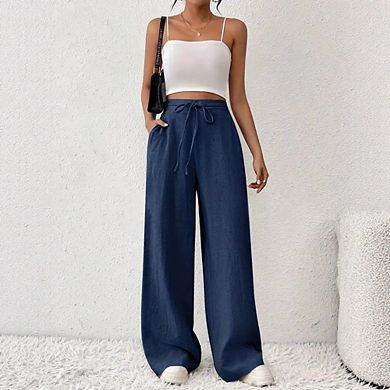 Women Wide Leg Pants Drawstring High Waist Trousers with Pockets