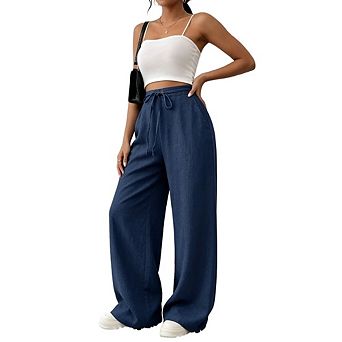 Women Wide Leg Pants Drawstring High Waist Trousers with Pockets