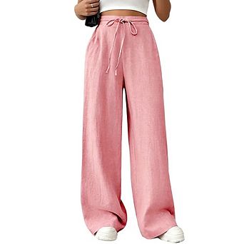 Women Wide Leg Pants Drawstring High Waist Trousers with Pockets