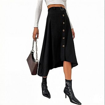 Women's Flowy Midi Skirt Summer Pleated High Waisted with Button Detail Slit Adjustable Belt