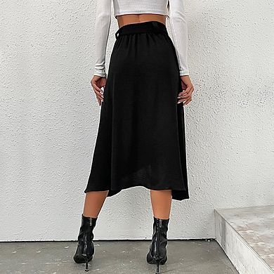 Women's Flowy Midi Skirt Summer Pleated High Waisted with Button Detail Slit Adjustable Belt