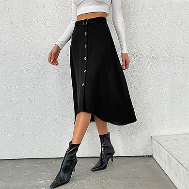 Women's Flowy Midi Skirt Summer Pleated High Waisted with Button Detail Slit Adjustable Belt