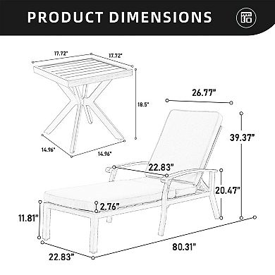 Eazegath 3-Piece Outdoor Cast Aluminum Chaise Lounge Chairs Set with Side Table and Wheels