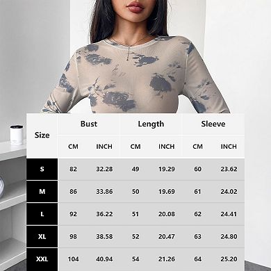 Women Mesh Top Long Sleeve See Through Shirt Crew Neck Sheer Blouse
