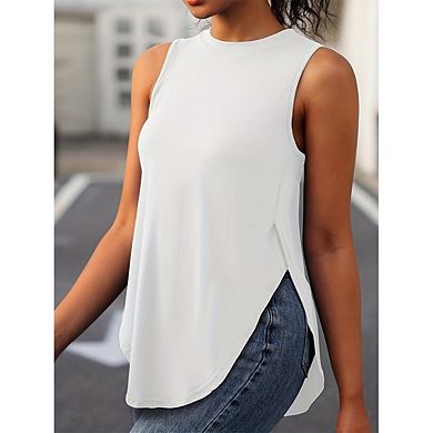 Women's Curved Hem Top Tank Tops Side Split Sleeveless Round Neck Asymmetrical Tee