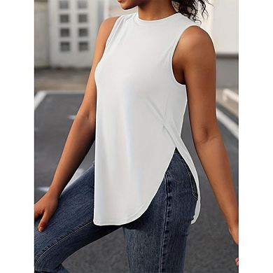 Women's Curved Hem Top Tank Tops Side Split Sleeveless Round Neck Asymmetrical Tee