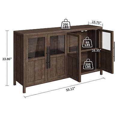 ANIXOL Glass Door Sideboard Buffet Cabinet with Wood Grain Finish