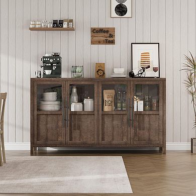 ANIXOL Glass Door Sideboard Buffet Cabinet with Wood Grain Finish