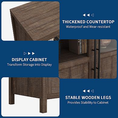 ANIXOL Glass Door Sideboard Buffet Cabinet with Wood Grain Finish