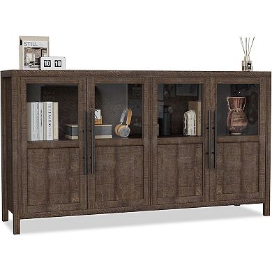 ANIXOL Glass Door Sideboard Buffet Cabinet with Wood Grain Finish