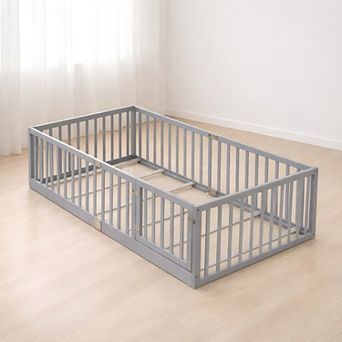 Lufeiya Rubber Wood Twin Size Kids Floor Bed with Fence and Door with Slats