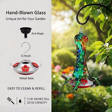 Leak Proof Glass Hummingbird Feeder, Outdoor Hanging with Metal Base Perch