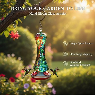 Leak Proof Glass Hummingbird Feeder, Outdoor Hanging with Metal Base Perch