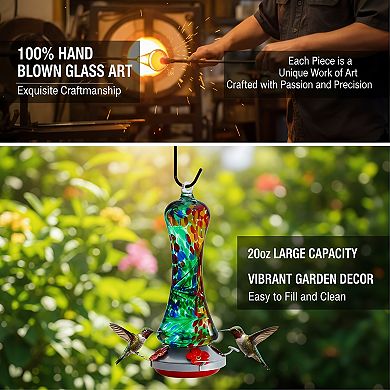 Leak Proof Glass Hummingbird Feeder, Outdoor Hanging with Metal Base Perch