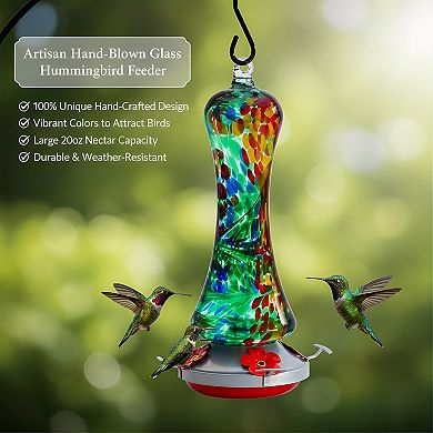 Leak Proof Glass Hummingbird Feeder, Outdoor Hanging with Metal Base Perch