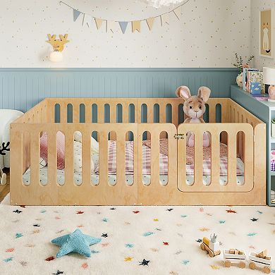 Lufeiya Solid Wood Twin Size Montessori Floor Bed with High Fence and Door