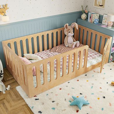 Lufeiya Solid Wood Twin Size Montessori Floor Bed with High Fence and Door