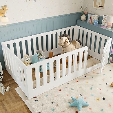 Lufeiya Solid Wood Twin Size Montessori Floor Bed with High Fence and Door