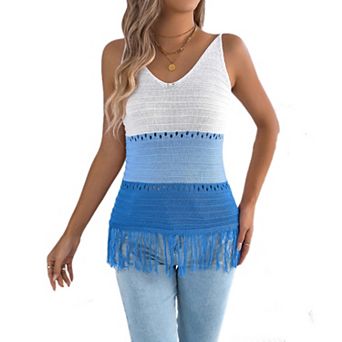 Women Crochet Boho Sweater Vest Fringe Cami Sleeveless V Neck Color Block Tassel Tank Tops