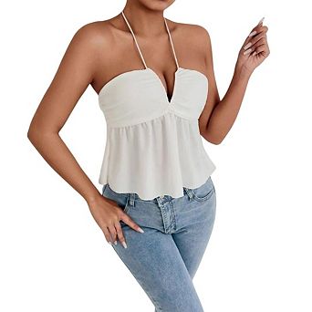 Women Vacation Flowy Crop Top Halter Neck Pleated Backless Ruffle Hem Cami Sleeveless V Neck