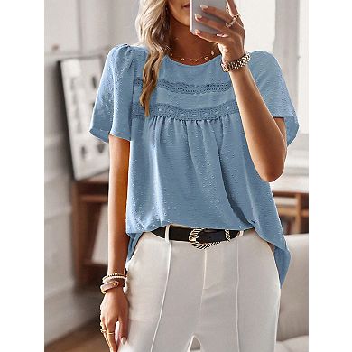 Women’s Crewneck Short Sleeve Patchwork T-Shirt Loose Fit Casual Top