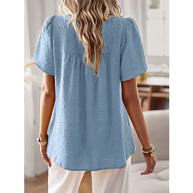 Women’s Crewneck Short Sleeve Patchwork T-Shirt Loose Fit Casual Top