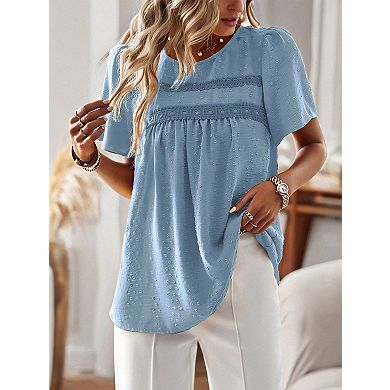 Women’s Crewneck Short Sleeve Patchwork T-Shirt Loose Fit Casual Top
