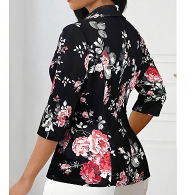 Women's Printed One-Button Blazer Slim Fit 3/4 Sleeve Tops Daily Commute Top with Flap Pockets