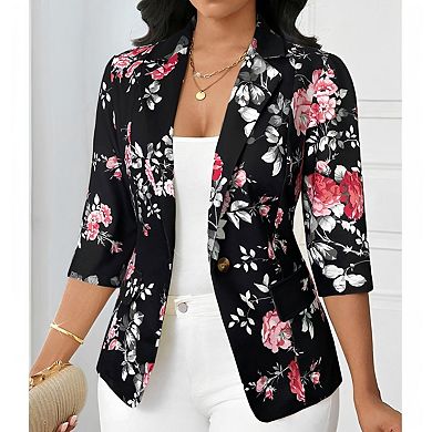 Women's Printed One-Button Blazer Slim Fit 3/4 Sleeve Tops Daily Commute Top with Flap Pockets