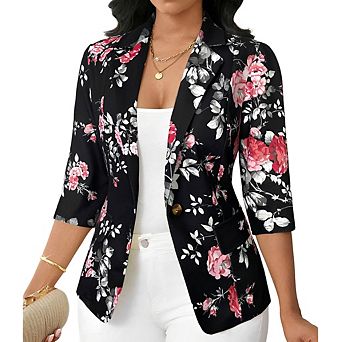 Women's Printed One-Button Blazer Slim Fit 3/4 Sleeve Tops Daily Commute Top with Flap Pockets