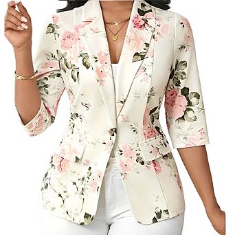 Women's Printed One-Button Blazer Slim Fit 3/4 Sleeve Tops Daily Commute Top with Flap Pockets