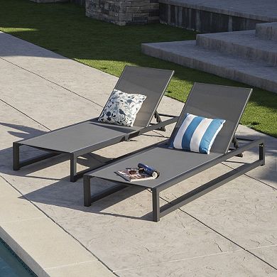 Chaise Lounge (Set of 2) Black/Grey Adjustable Mesh Loungers with Aluminum Frame