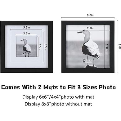 8x8 Photo Frames Set of 2 Display 6x6/4x4/8x8 with Mat, Black Wood