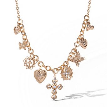 JS Jessica Simpson Gold Tone Textured Cross Heart Charm Necklace