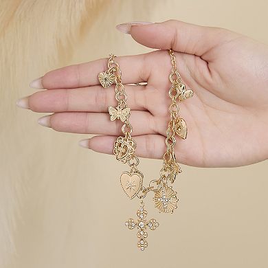 JS Jessica Simpson Gold Tone Textured Cross Heart Charm Necklace