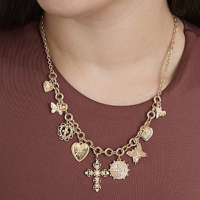 JS Jessica Simpson Gold Tone Textured Cross Heart Charm Necklace