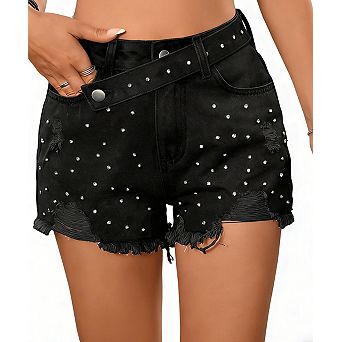 Women's Distressed Denim Shorts Studded Detail Casual Slim Fit Shorts
