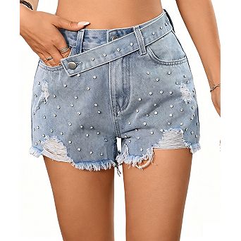 Women's Distressed Denim Shorts Studded Detail Casual Slim Fit Shorts