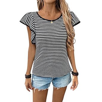 Women Casual Ruffle T Shirts Cap Sleeve Striped Crew Neck Vintage Loose Fit Basic Tshirts
