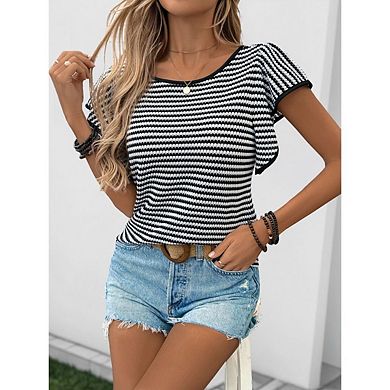 Women Casual Ruffle T Shirts Cap Sleeve Striped Crew Neck Vintage Loose Fit Basic Tshirts