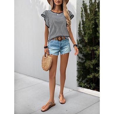 Women Casual Ruffle T Shirts Cap Sleeve Striped Crew Neck Vintage Loose Fit Basic Tshirts