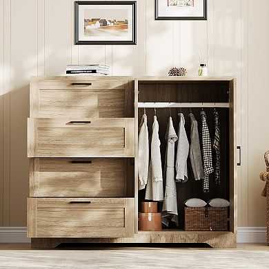 ANIXOL Multifunctional Wooden Dresser with Hanging Rod and Drawers