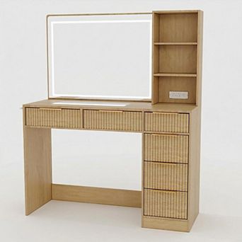 ANIXOL 52" Fluted Makeup Vanity with，Adjustable LED Mirror,Charging Station and Wave Design