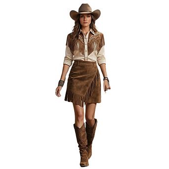 Women's High Waist Faux Suede Mini Skirt Asymmetric Hem Fringe Detail Counrty Concert