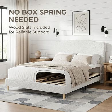 ANIXOL Upholstered Boucle Fabric Wooden Slat Platform Bed Frame